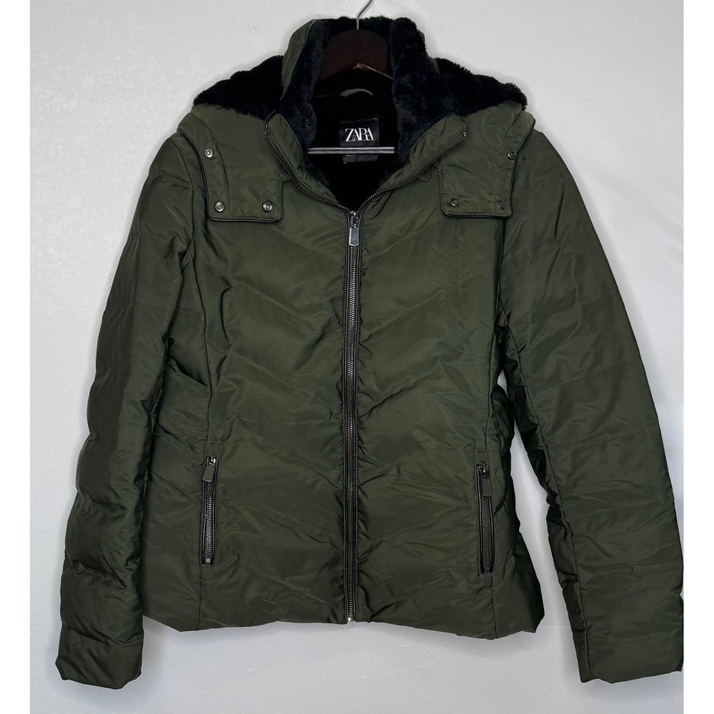 ZARA Puffer Jacket Hooded Faux Fur‎ Trim Olive Green Women XL